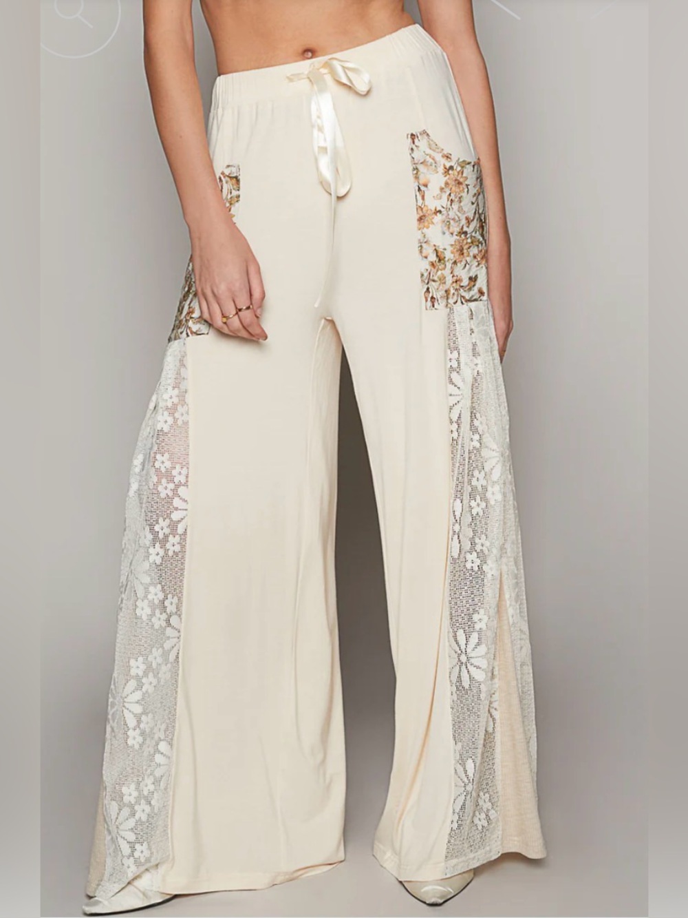 POL Size M Cream Lace Trim Boho Wide Leg Pants Elastic Waist Drawstring Bohemian - Picture 10 of 10